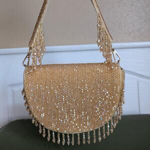 Lasa gold beaded fringe handbag